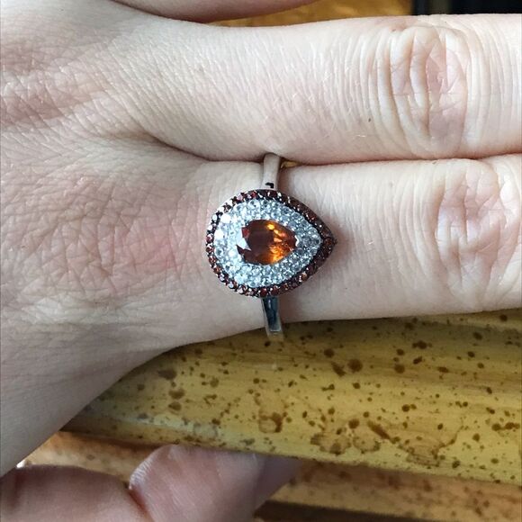Natural Orange Garnet Sterling Silver Teardrop Ring Size 10 - Picture 2 of 9
